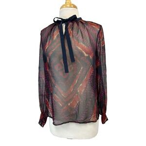 NWT ADAM Adam Lippes Tie Neck Blouse Semi Sheer Purple Red Black Print SZ M